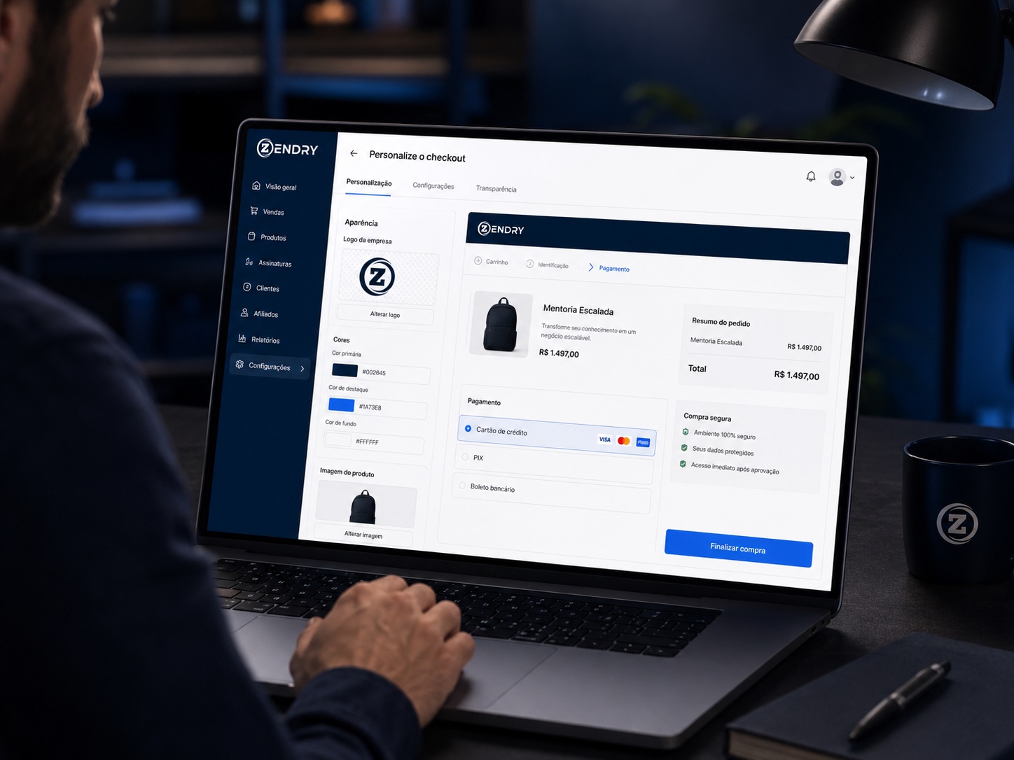 Painel Zendry com tela de personalização do checkout